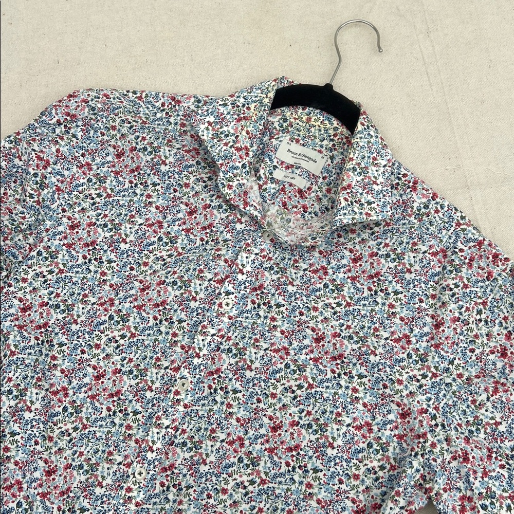 Men's Button-Down Shirt - White Base with Red & Blue Floral Print